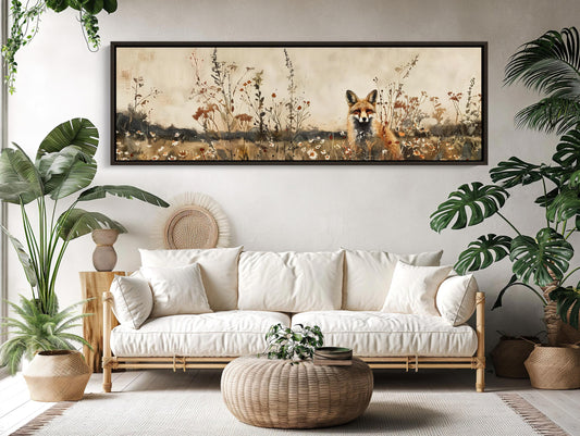 Red Fox , Vintage Woodland Wildflower canvas wall art shown in a styled room (view 2)