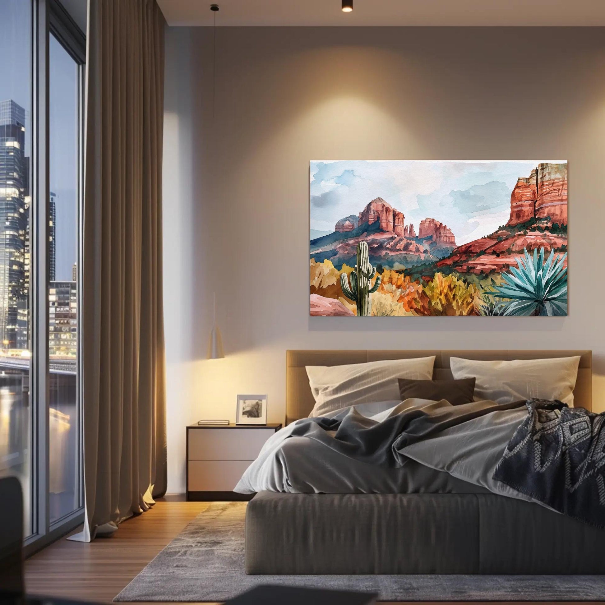 Sedona Desert , Arizona Red Rock Panoramic canvas wall art shown in a styled room (view 7)