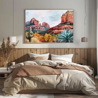 Sedona Desert , Arizona Red Rock Panoramic canvas wall art shown in a styled room (view 6)