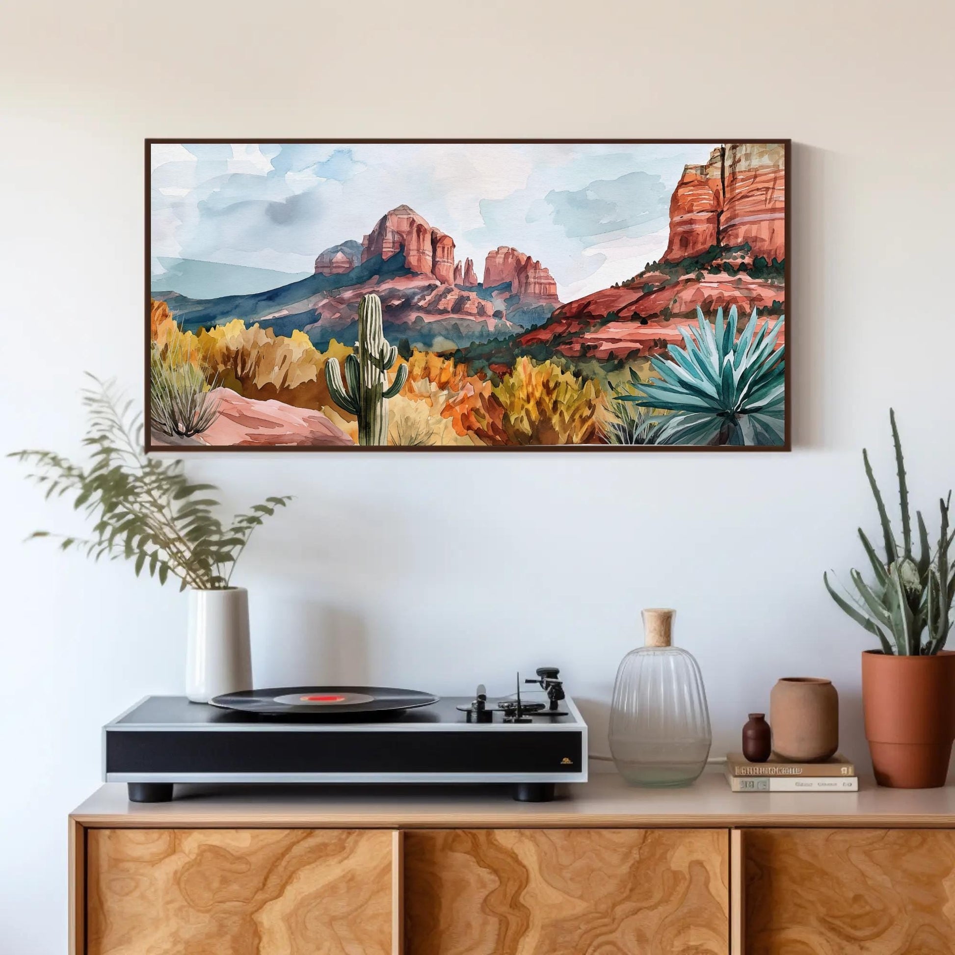 Sedona Desert , Arizona Red Rock Panoramic canvas wall art shown in a styled room (view 2)