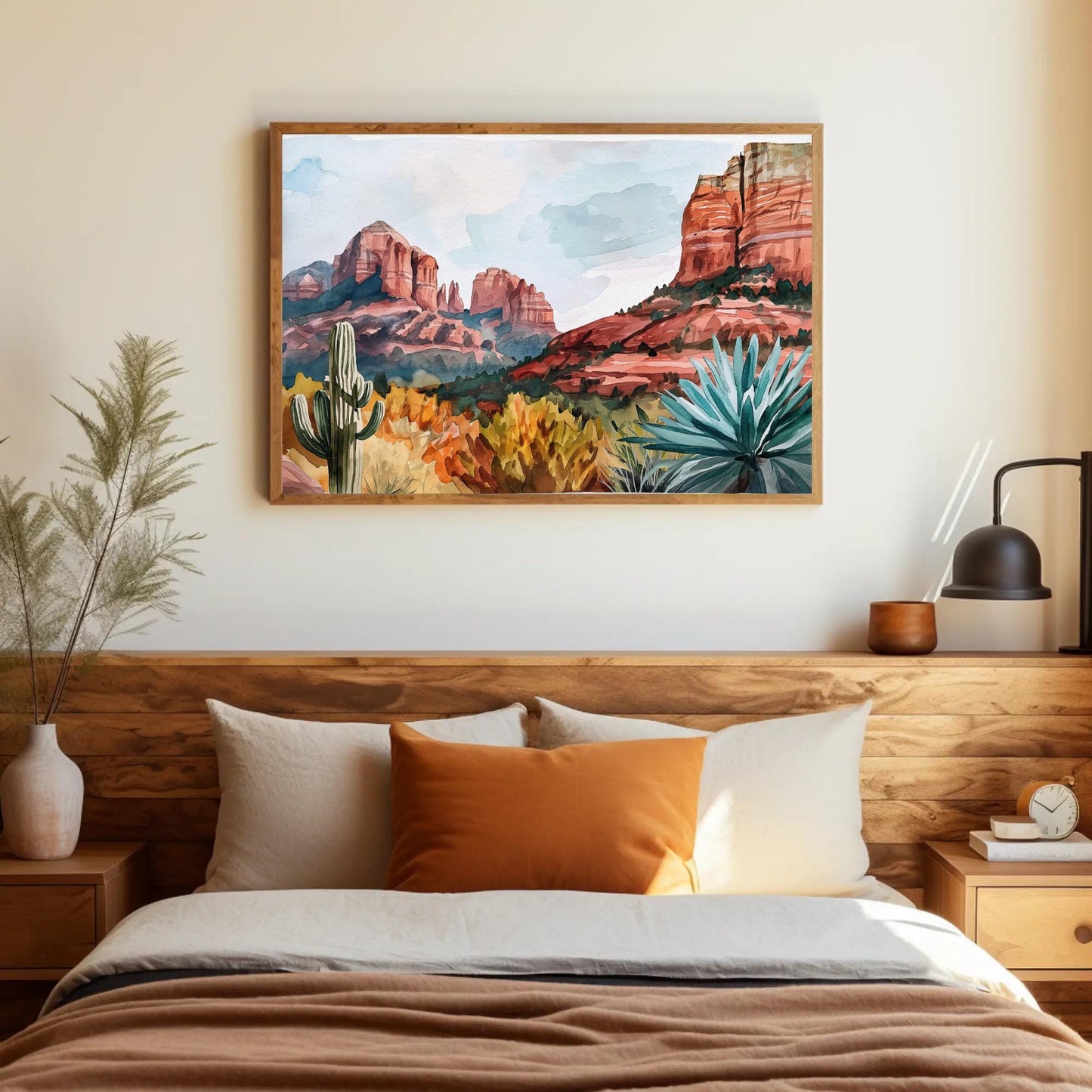 Sedona Desert , Arizona Red Rock Panoramic canvas wall art shown in a styled room (view 4)