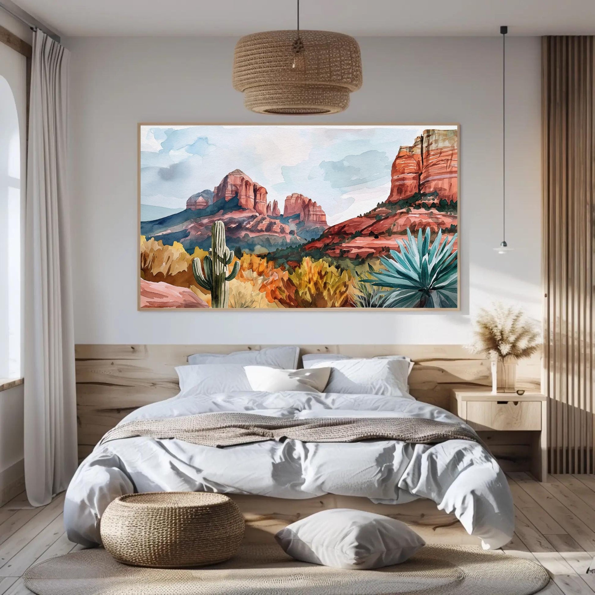 Sedona Desert , Arizona Red Rock Panoramic canvas wall art shown in a styled room (view 5)