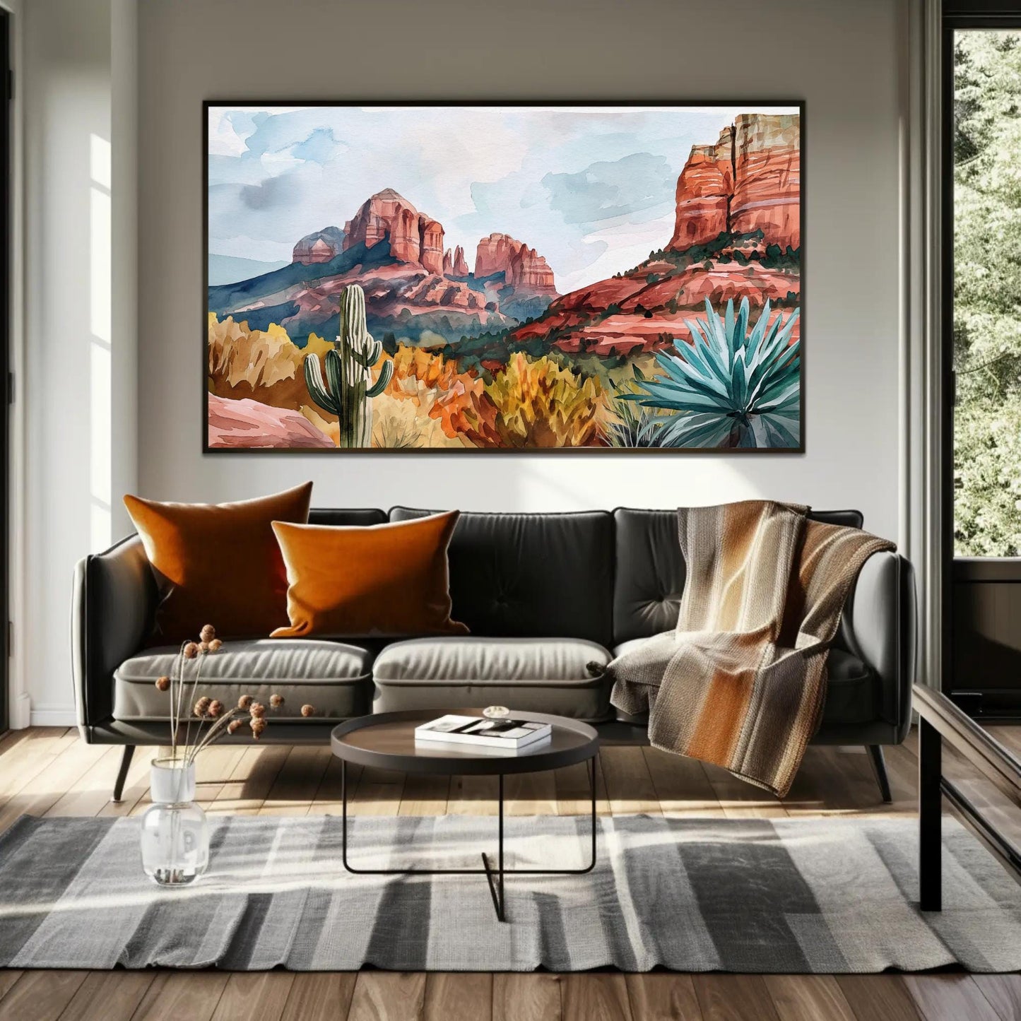 Sedona Desert , Arizona Red Rock Panoramic canvas wall art shown in a styled room (view 3)