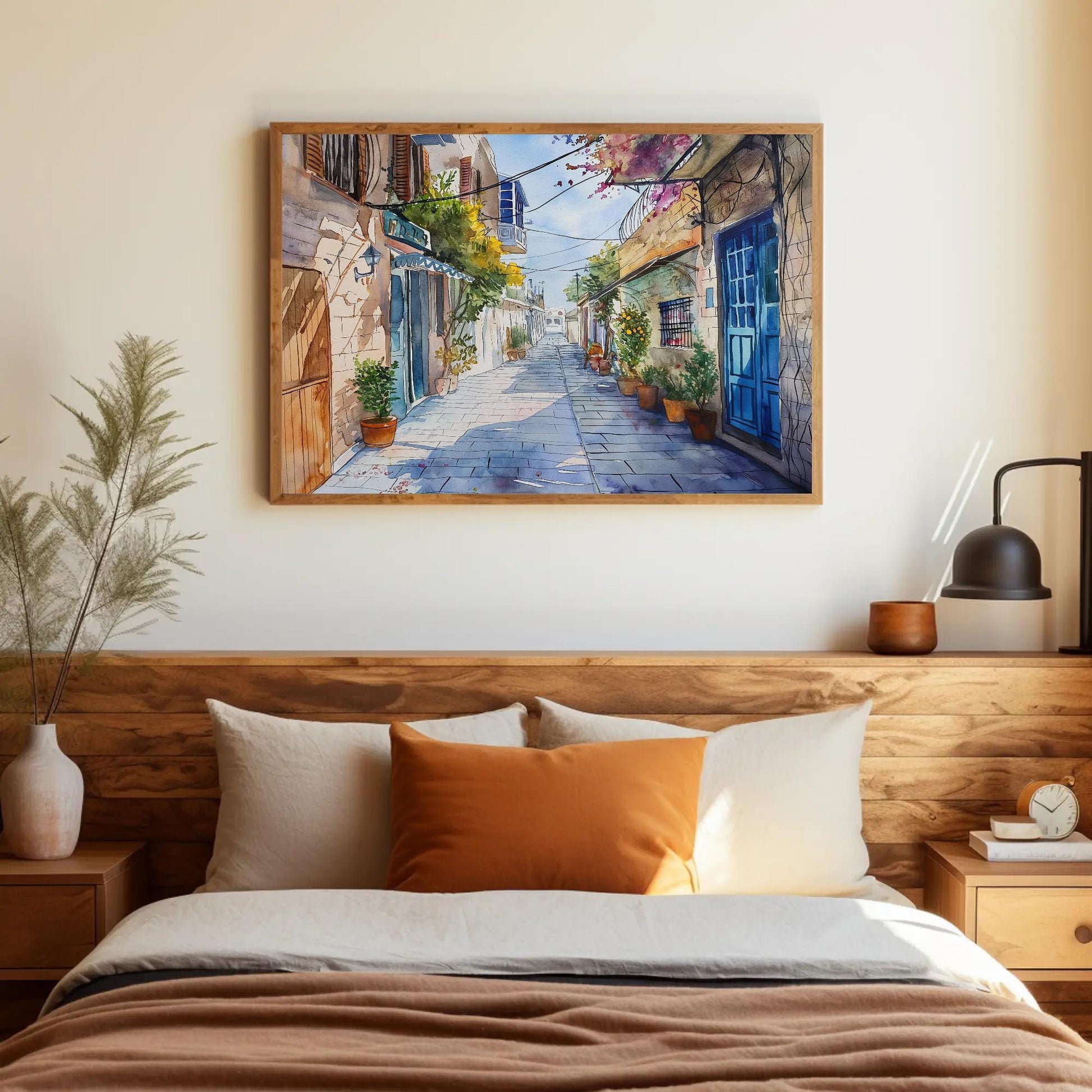 Tel Aviv , Israel Watercolor Cityscape canvas wall art shown in a styled room (view 2)