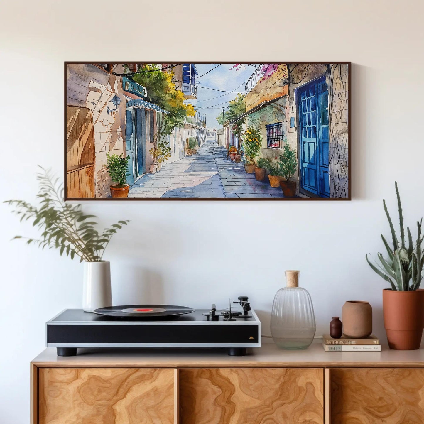 Tel Aviv , Israel Watercolor Cityscape canvas wall art shown in a styled room (view 8)