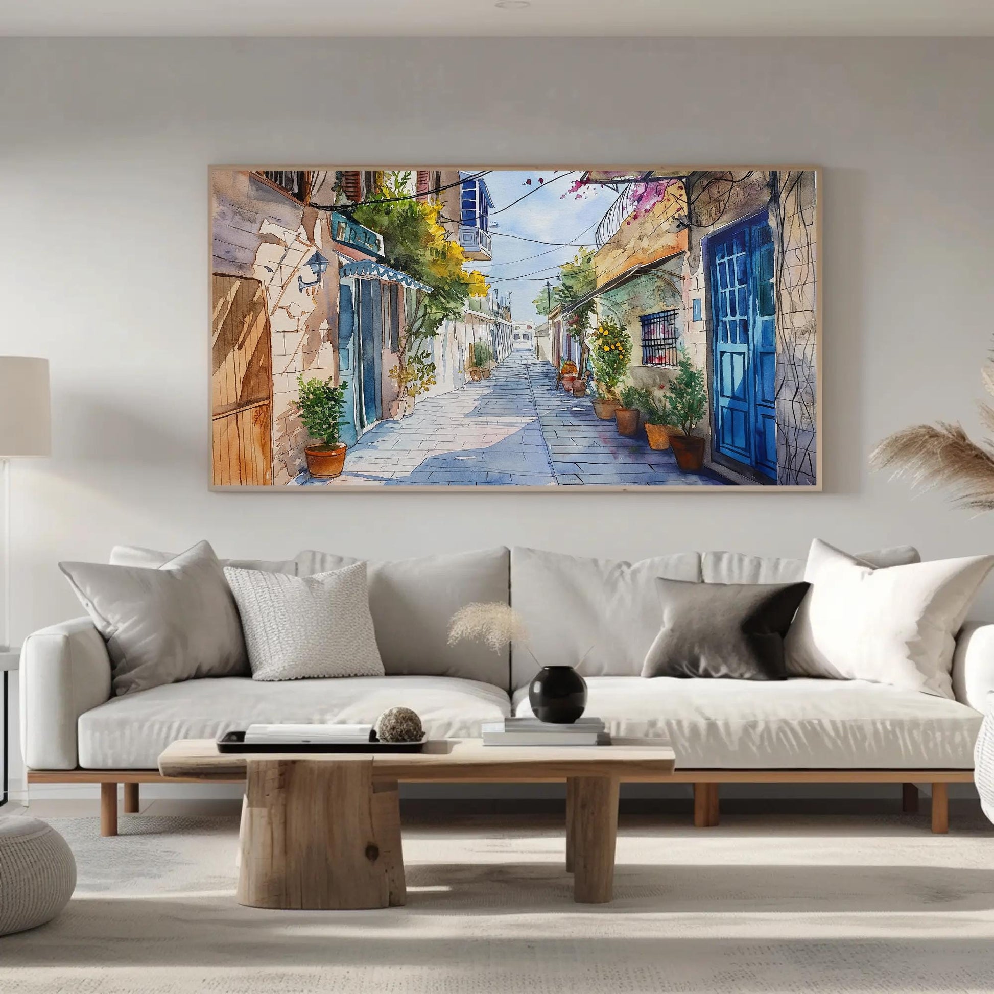 Tel Aviv , Israel Watercolor Cityscape canvas wall art shown in a styled room (view 4)