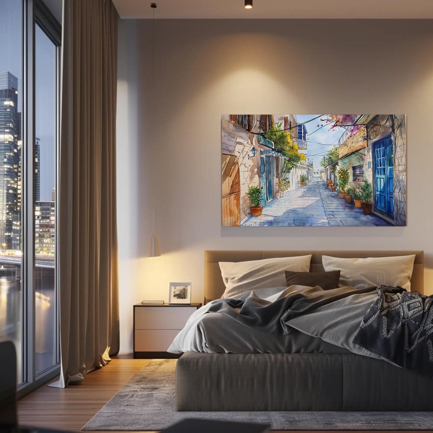 Tel Aviv , Israel Watercolor Cityscape canvas wall art shown in a styled room (view 6)