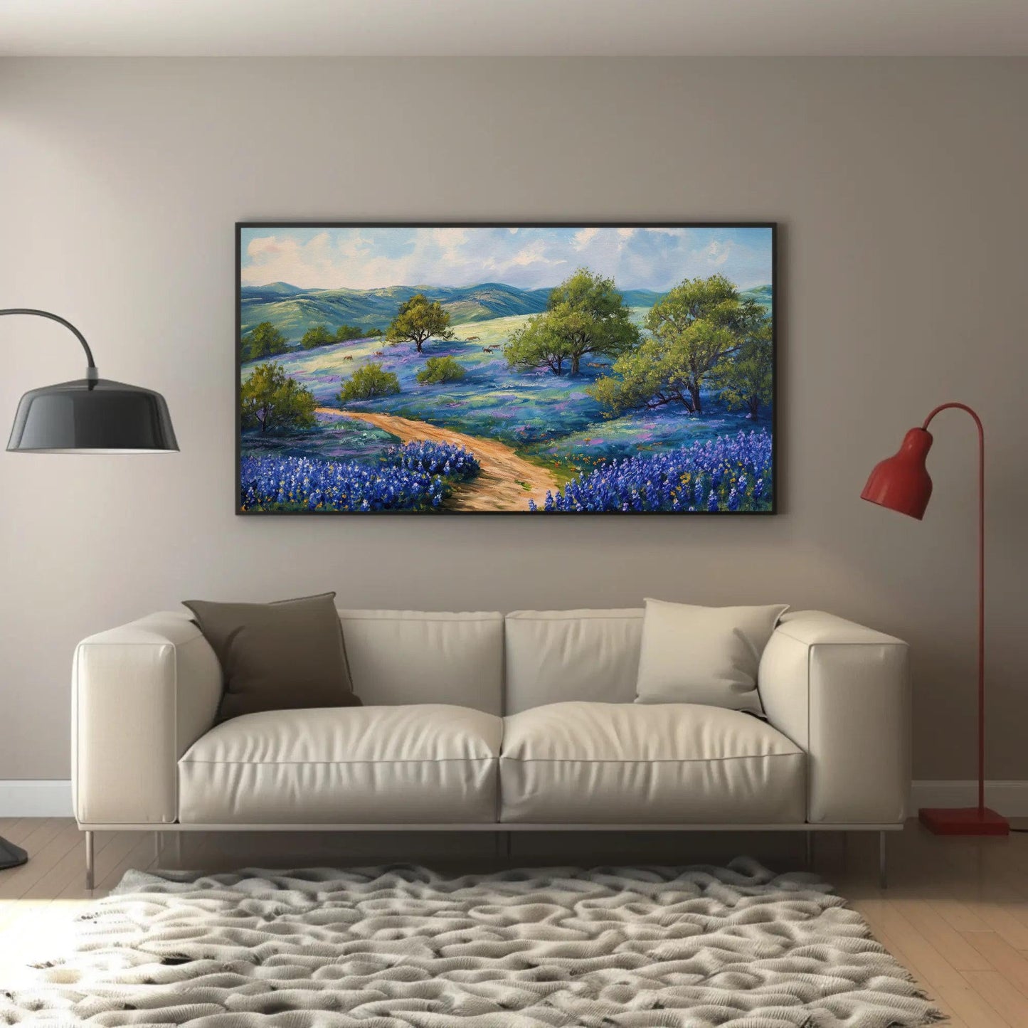 Texas Bluebonnet Field , Rustic Hill Country canvas wall art shown in a styled room (view 3)