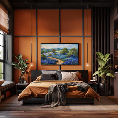 Texas Bluebonnet Field , Rustic Hill Country canvas wall art shown in a styled room (view 7)