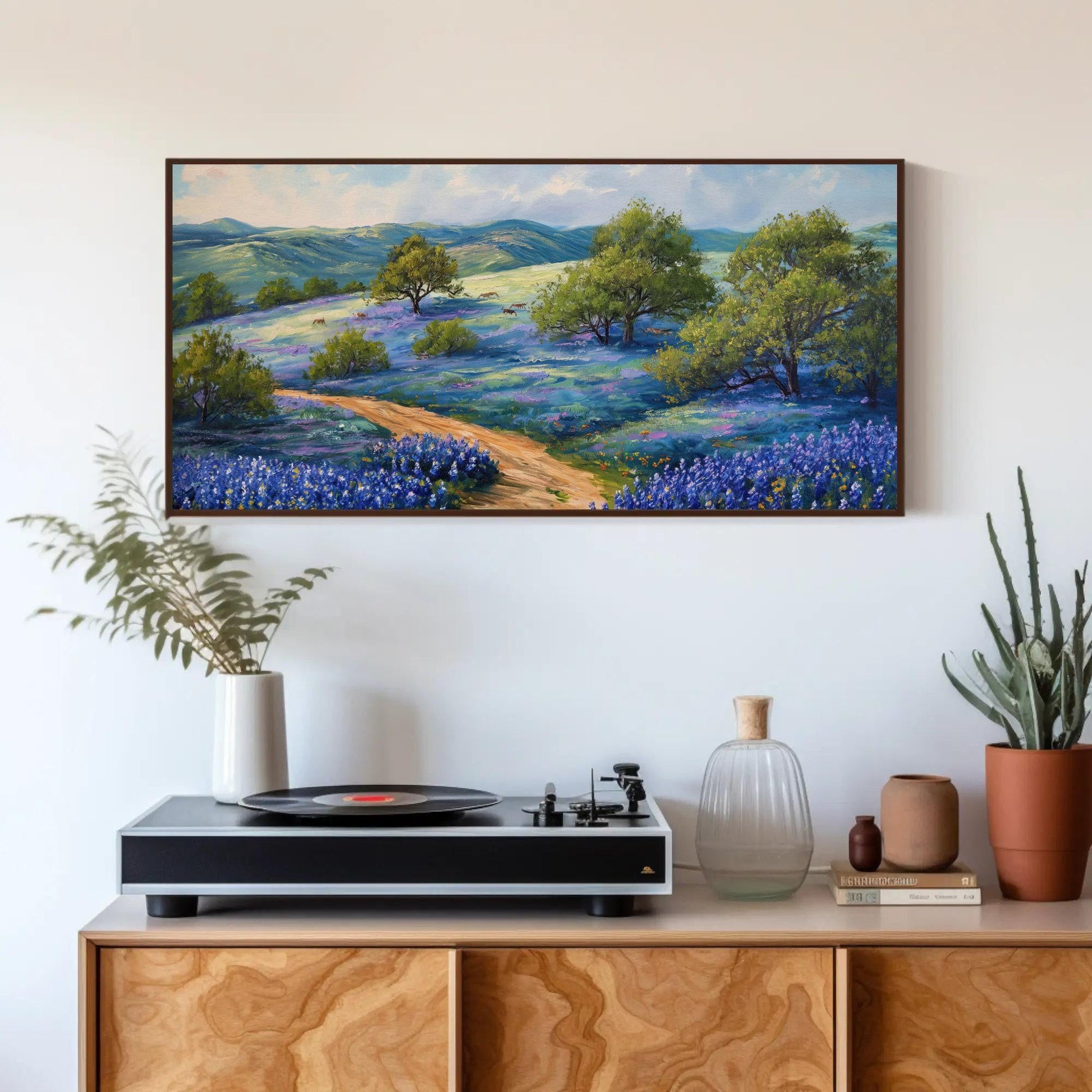 Texas Bluebonnet Field , Rustic Hill Country canvas wall art shown in a styled room (view 4)