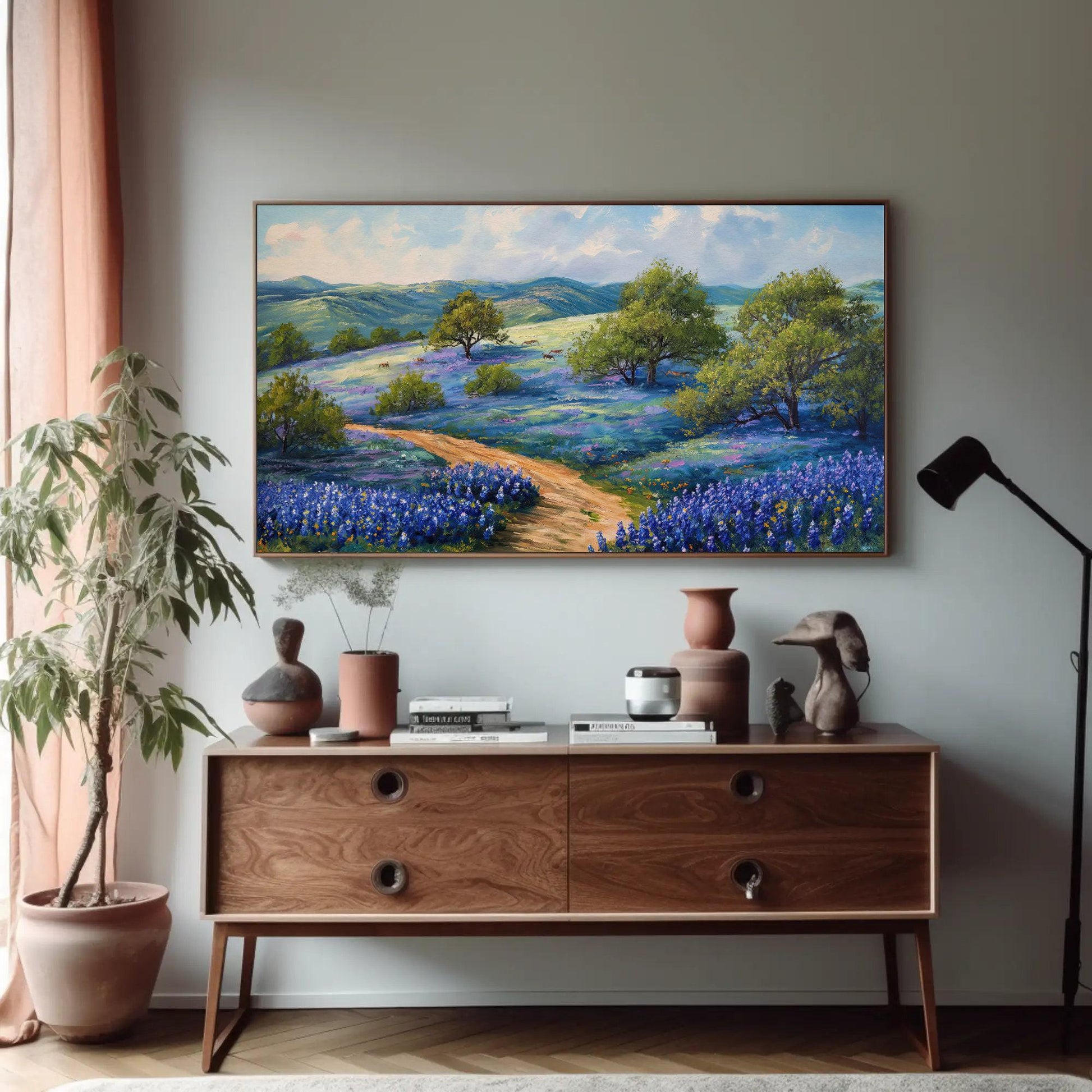 Texas Bluebonnet Field , Rustic Hill Country canvas wall art shown in a styled room (view 2)