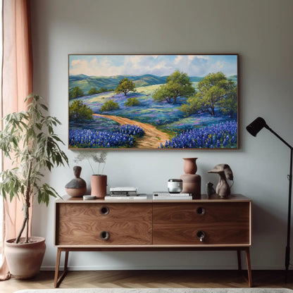 Texas Bluebonnet Field , Rustic Hill Country canvas wall art shown in a styled room (view 2)