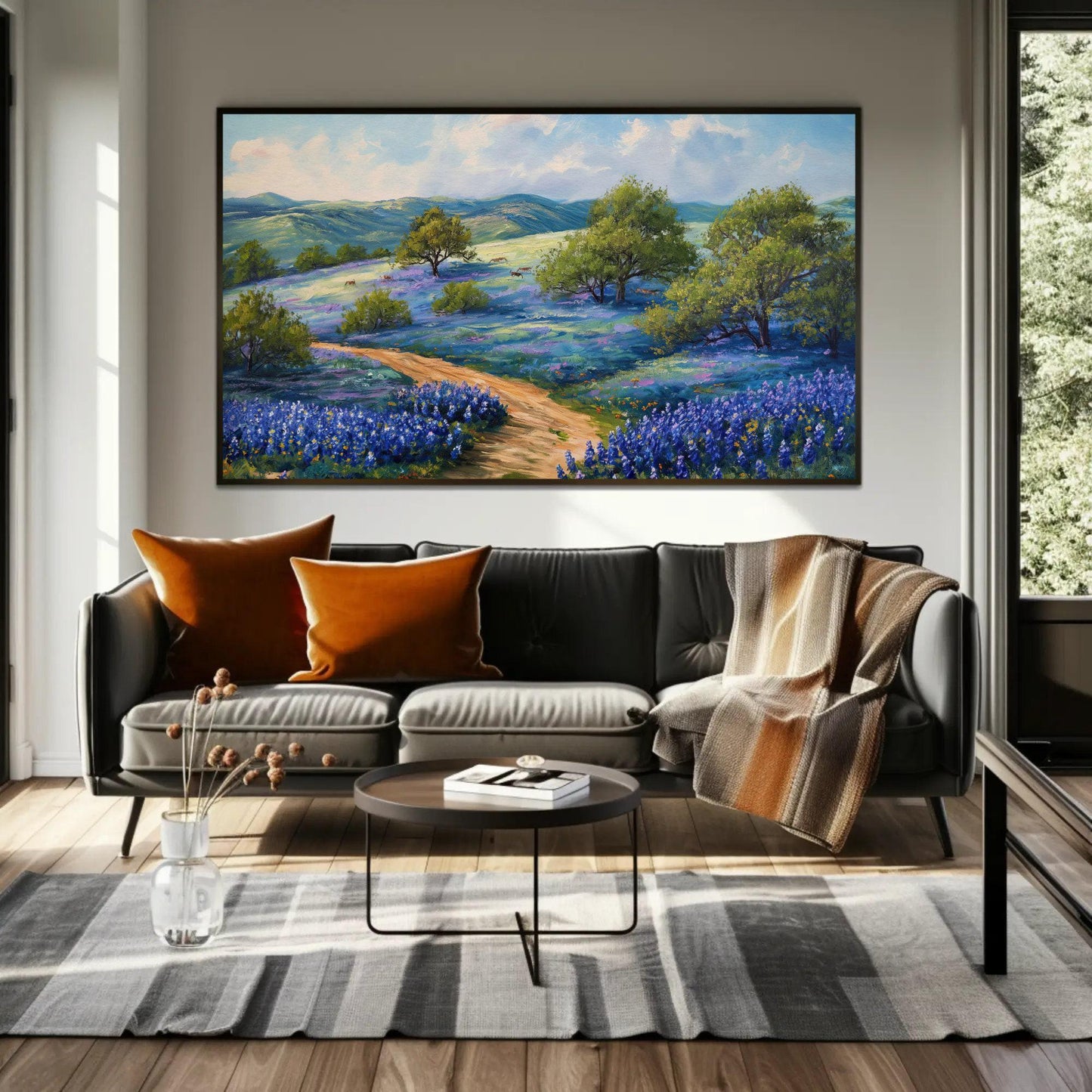 Texas Bluebonnet Field , Rustic Hill Country canvas wall art shown in a styled room (view 8)