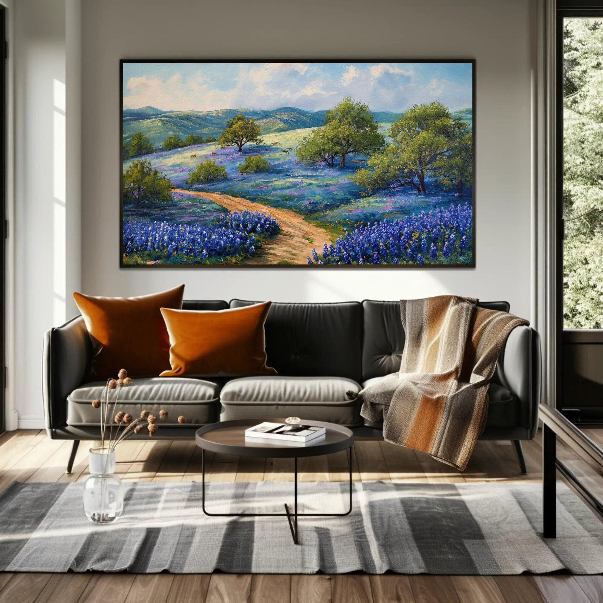 Texas Bluebonnet Field , Rustic Hill Country canvas wall art shown in a styled room (view 8)