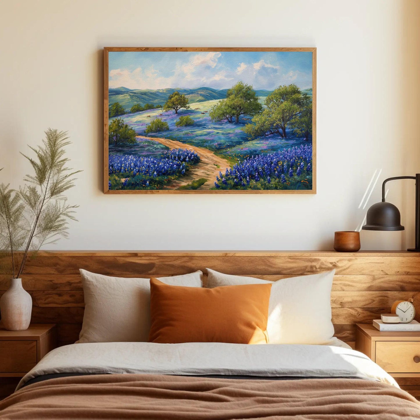 Texas Bluebonnet Field , Rustic Hill Country canvas wall art shown in a styled room (view 6)