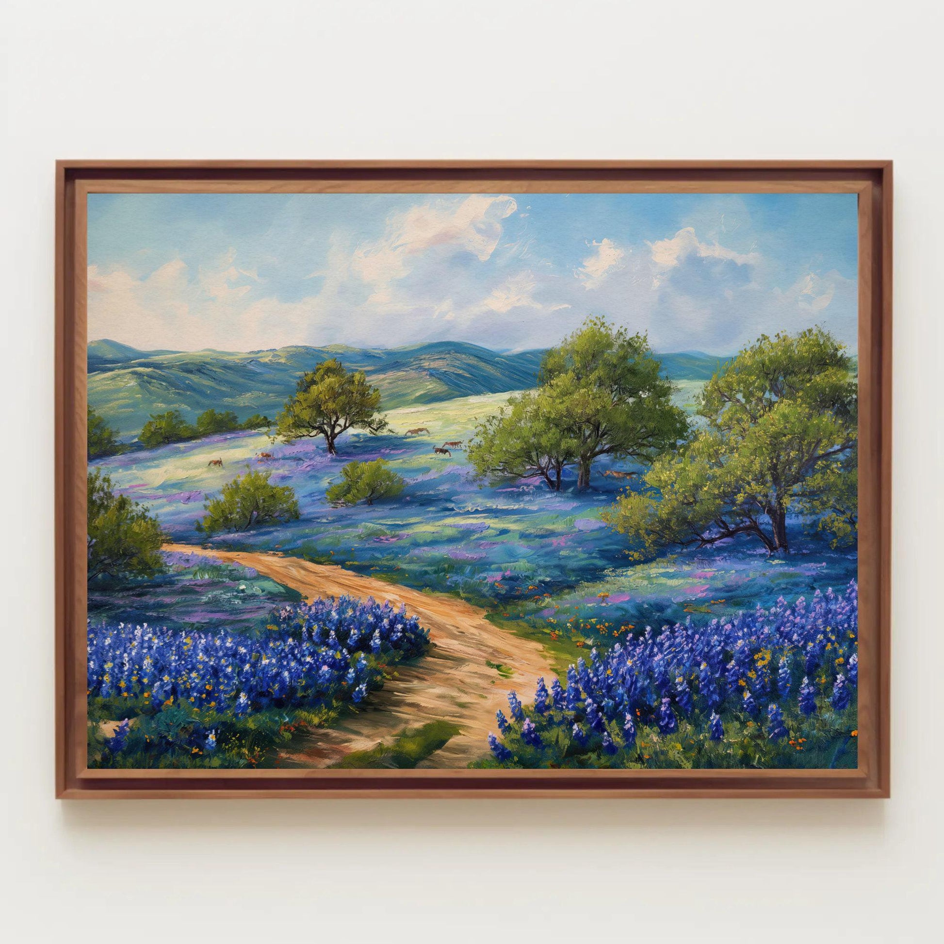 Texas Bluebonnet Field , Rustic Hill Country canvas wall art shown in a styled room (view 5)