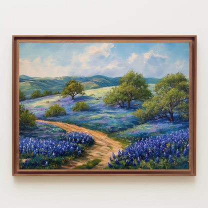 Texas Bluebonnet Field , Rustic Hill Country canvas wall art shown in a styled room (view 5)