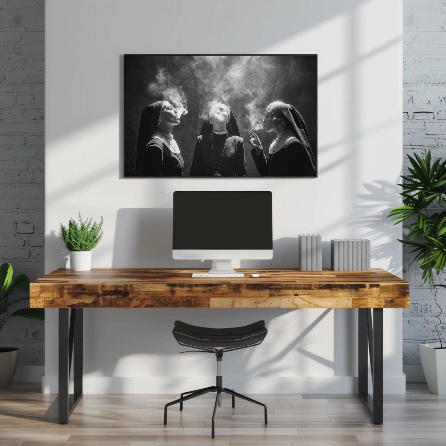 Three Nuns Smoking Canvas | Large Black and White Art - Rebellious Monochrome Wall Print - Antarmada