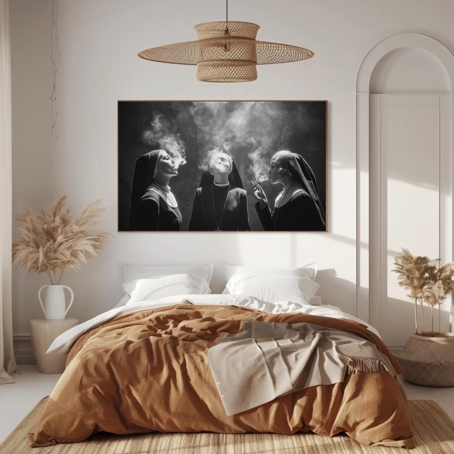 Three Nuns Smoking Canvas | Large Black and White Art - Rebellious Monochrome Wall Print - Antarmada