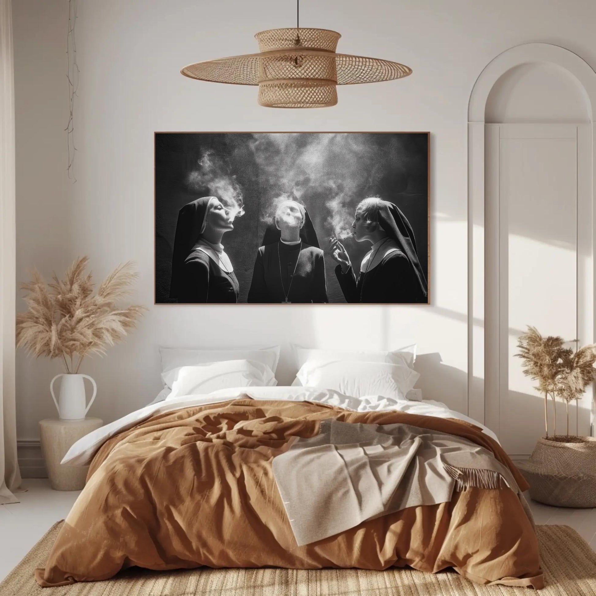 Three Nuns Smoking Canvas | Large Black and White Art - Rebellious Monochrome Wall Print - Antarmada