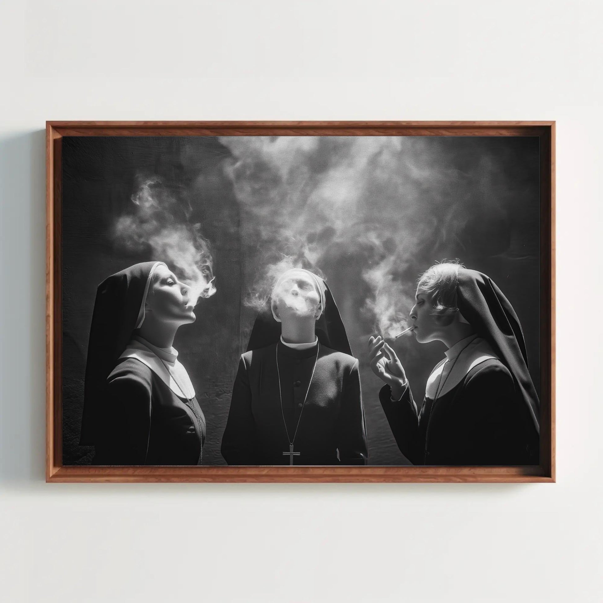 Three Nuns Smoking Canvas | Large Black and White Art - Rebellious Monochrome Wall Print - Antarmada