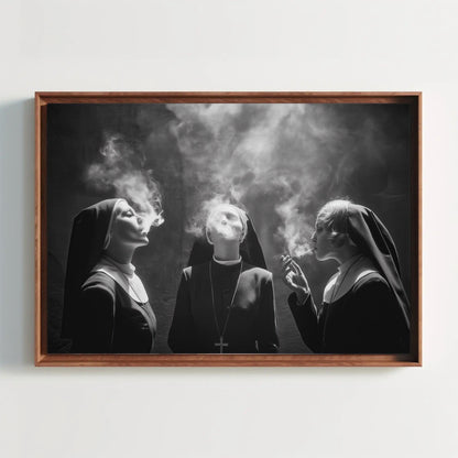 Three Nuns Smoking Canvas | Large Black and White Art - Rebellious Monochrome Wall Print - Antarmada