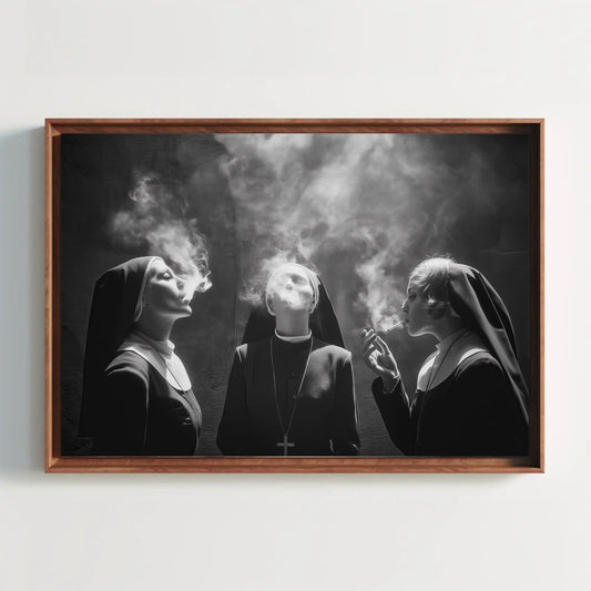 Three Nuns Smoking Canvas | Large Black and White Art - Rebellious Monochrome Wall Print - Antarmada