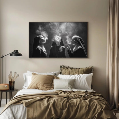 Three Nuns Smoking Canvas | Large Black and White Art - Rebellious Monochrome Wall Print - Antarmada