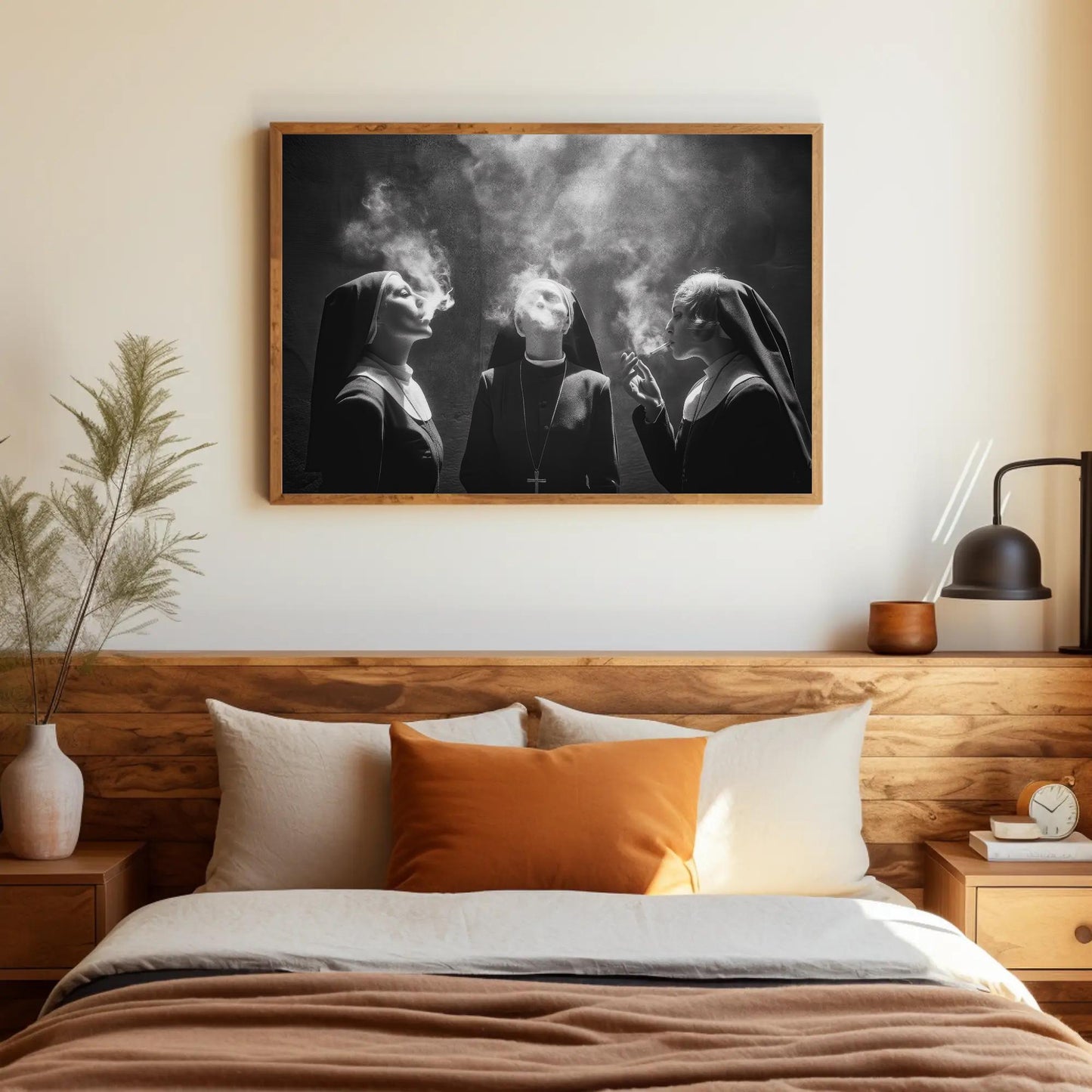 Three Nuns Smoking Canvas | Large Black and White Art - Rebellious Monochrome Wall Print - Antarmada