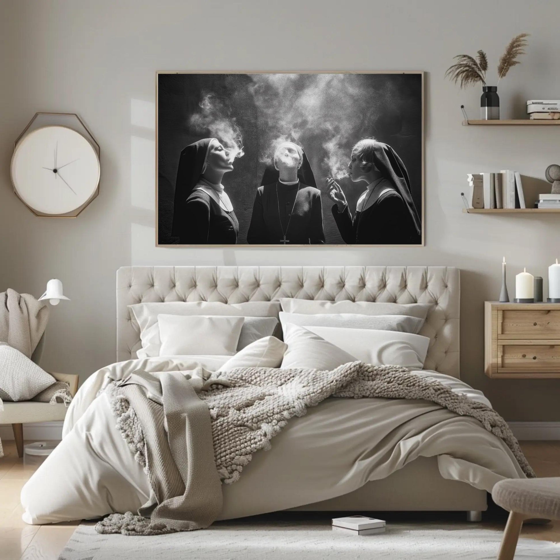 Three Nuns Smoking Canvas | Large Black and White Art - Rebellious Monochrome Wall Print - Antarmada