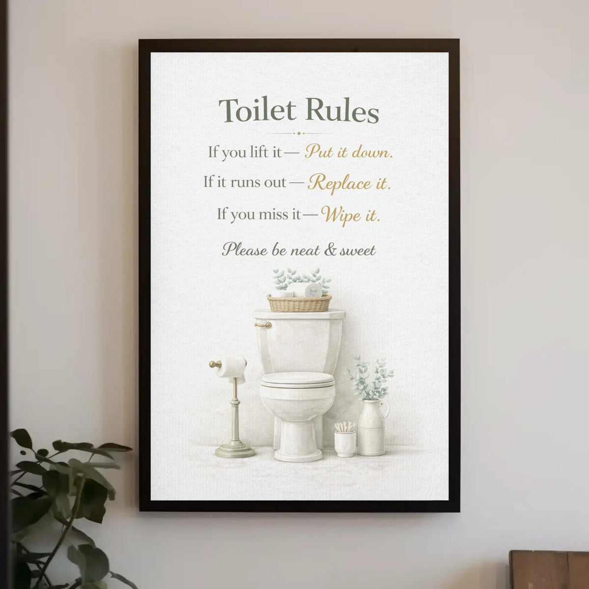 Toilet Rules Wall Art – Funny Bathroom Print | Black Gold Typography Canvas Decor - Antarmada