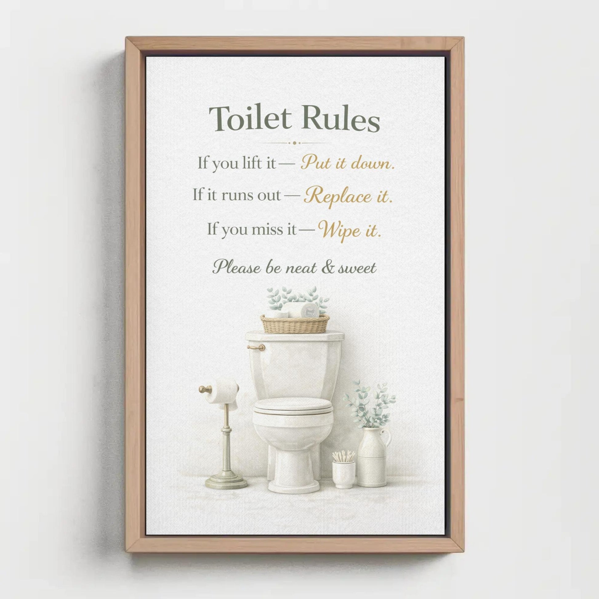 Toilet Rules Wall Art – Funny Bathroom Print | Black Gold Typography Canvas Decor - Antarmada