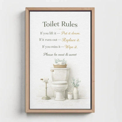 Toilet Rules Wall Art – Funny Bathroom Print | Black Gold Typography Canvas Decor - Antarmada