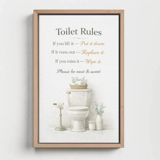Toilet Rules Wall Art – Funny Bathroom Print | Black Gold Typography Canvas Decor - Antarmada