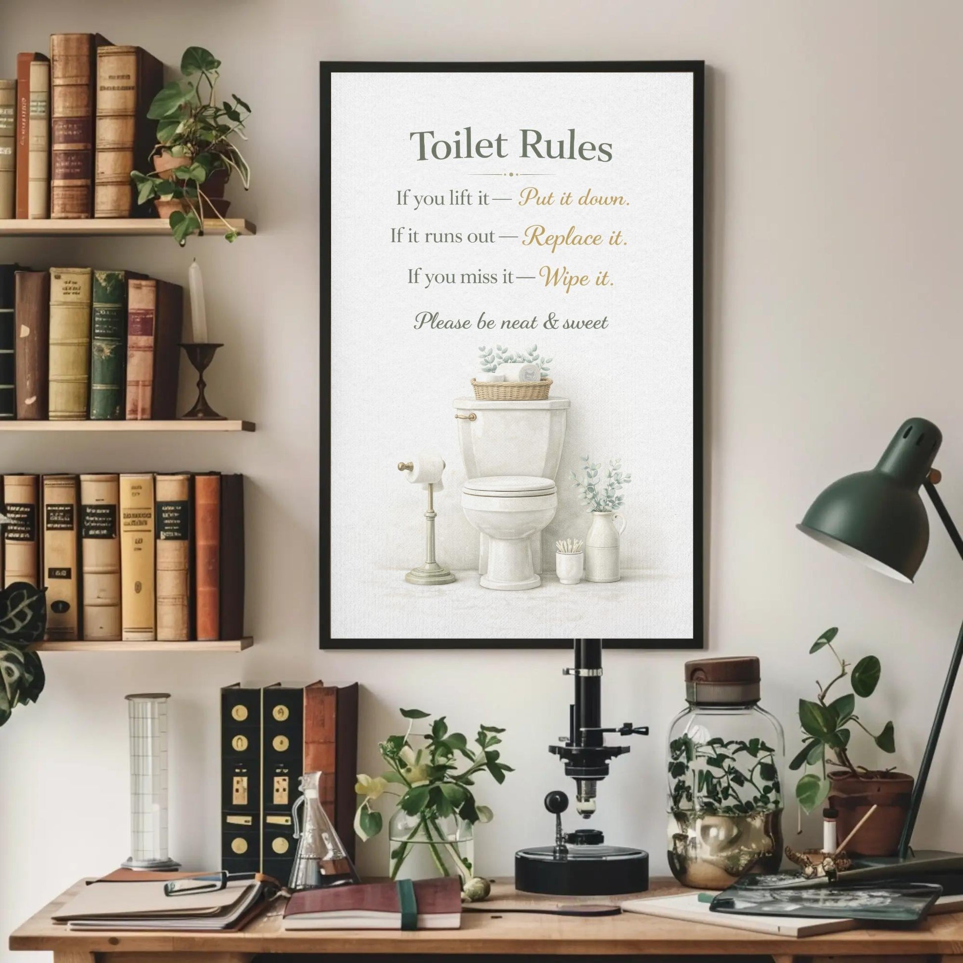 Toilet Rules Wall Art – Funny Bathroom Print | Black Gold Typography Canvas Decor - Antarmada