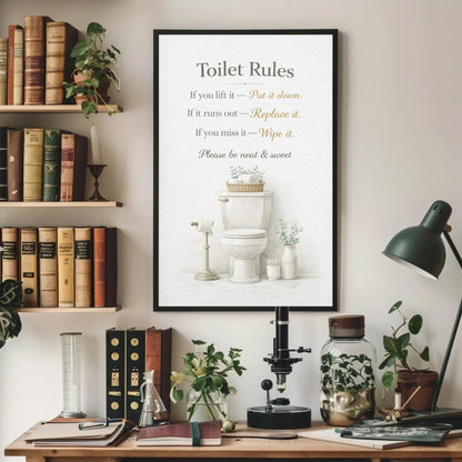 Toilet Rules Wall Art – Funny Bathroom Print | Black Gold Typography Canvas Decor - Antarmada