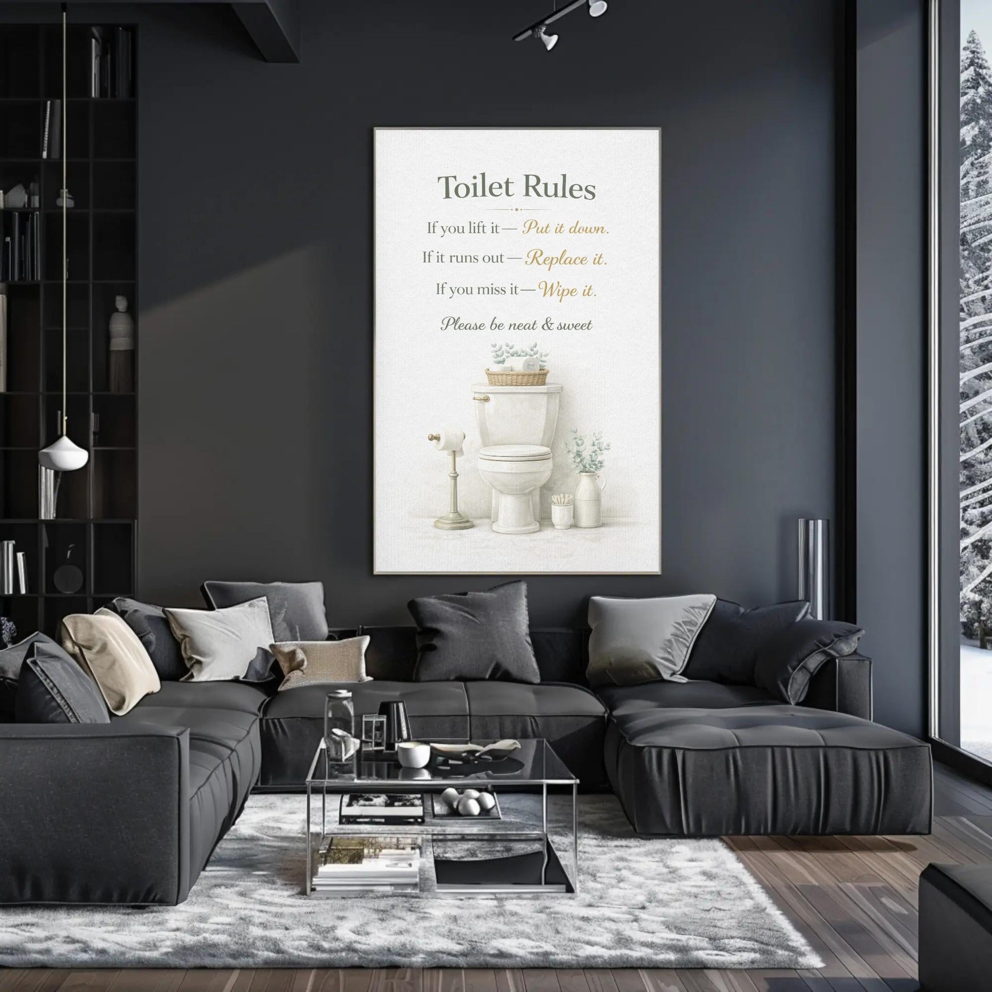Toilet Rules Wall Art – Funny Bathroom Print | Black Gold Typography Canvas Decor - Antarmada