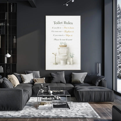 Toilet Rules Wall Art – Funny Bathroom Print | Black Gold Typography Canvas Decor - Antarmada