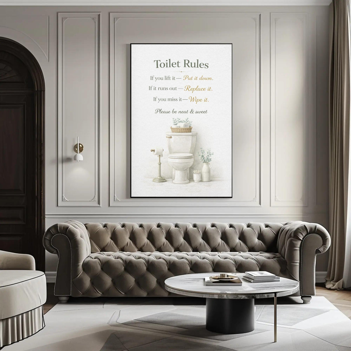 Toilet Rules Wall Art – Funny Bathroom Print | Black Gold Typography Canvas Decor - Antarmada