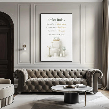 Toilet Rules Wall Art – Funny Bathroom Print | Black Gold Typography Canvas Decor - Antarmada