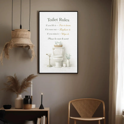 Toilet Rules Wall Art – Funny Bathroom Print | Black Gold Typography Canvas Decor - Antarmada
