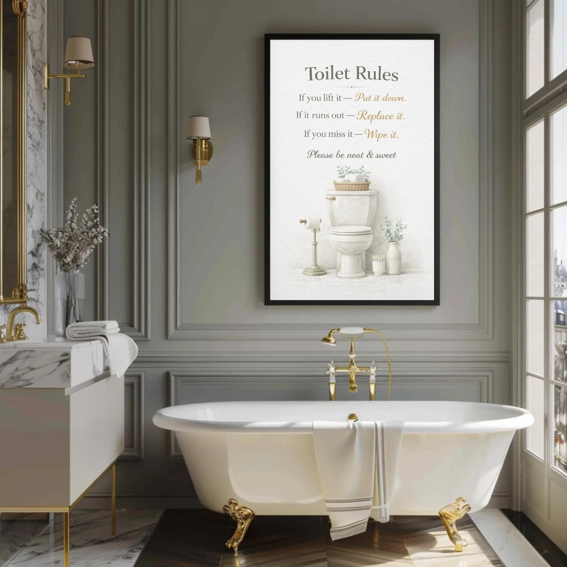 Toilet Rules Wall Art – Funny Bathroom Print | Black Gold Typography Canvas Decor - Antarmada