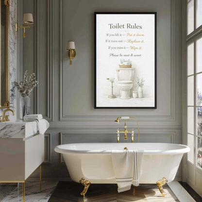 Toilet Rules Wall Art – Funny Bathroom Print | Black Gold Typography Canvas Decor - Antarmada