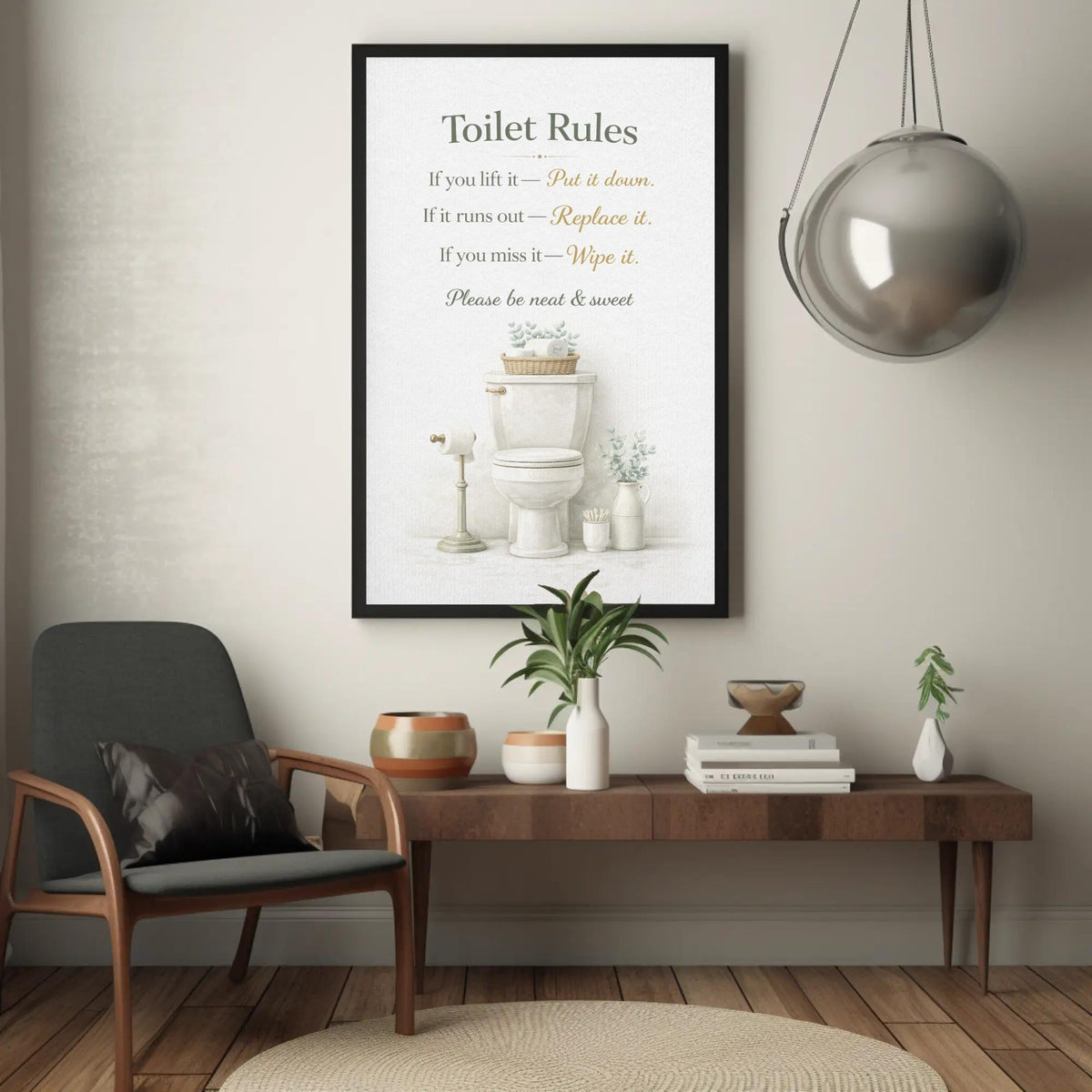 Toilet Rules Wall Art – Funny Bathroom Print | Black Gold Typography Canvas Decor - Antarmada