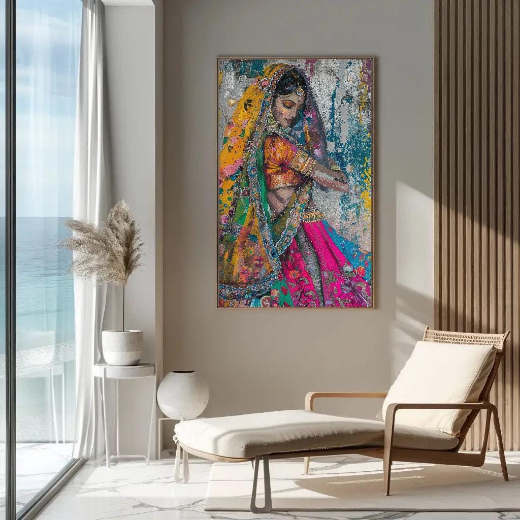 Traditional Indian Woman Art - Colorful Saree Painting | Ready to Hang Canvas - Antarmada