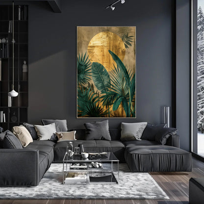 Tropical Plant , Golden Sun Jungle Botanical canvas wall art shown in a styled room (view 7)