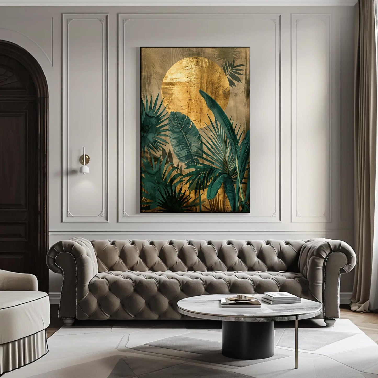 Tropical Plant , Golden Sun Jungle Botanical canvas wall art shown in a styled room (view 6)