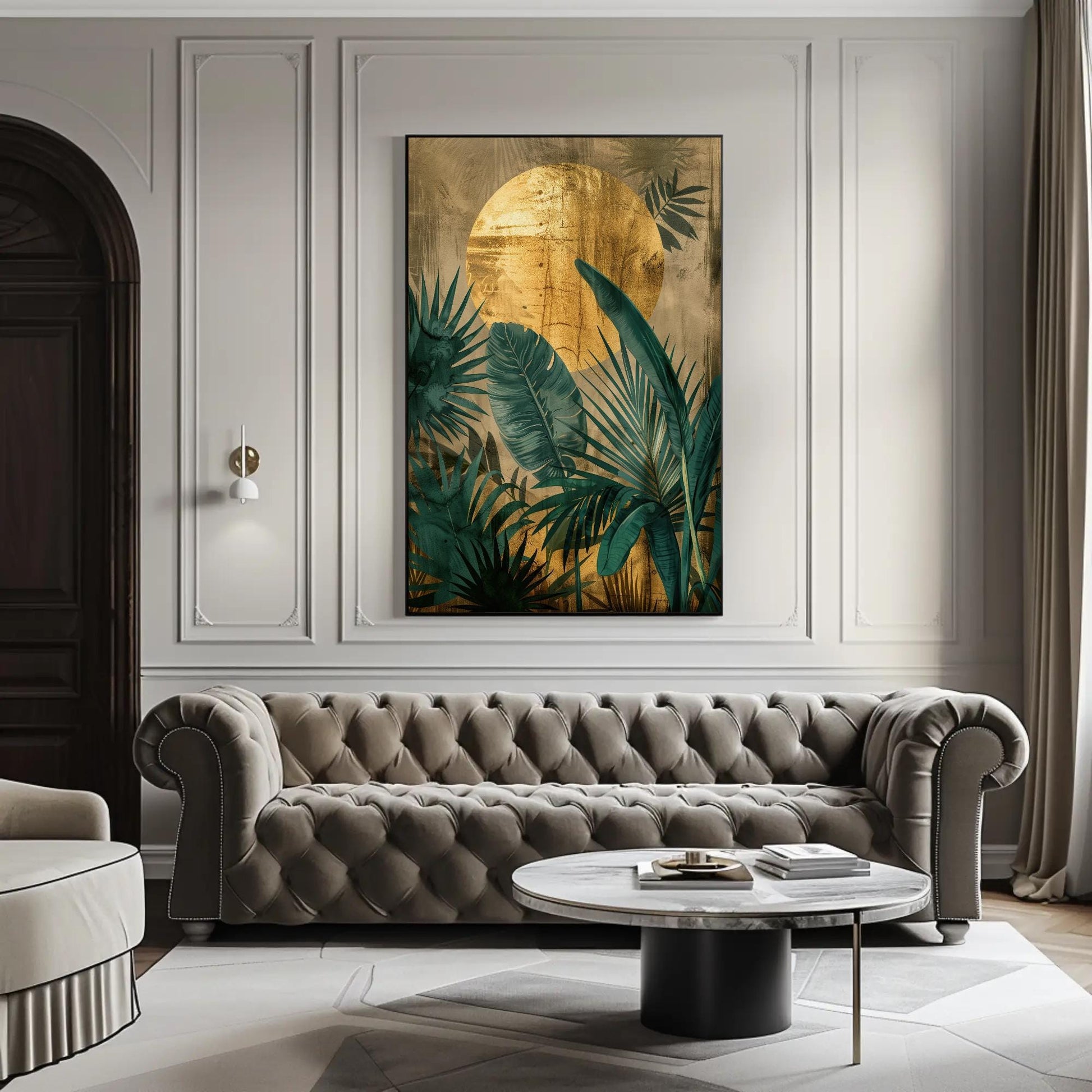 Tropical Plant , Golden Sun Jungle Botanical canvas wall art shown in a styled room (view 6)