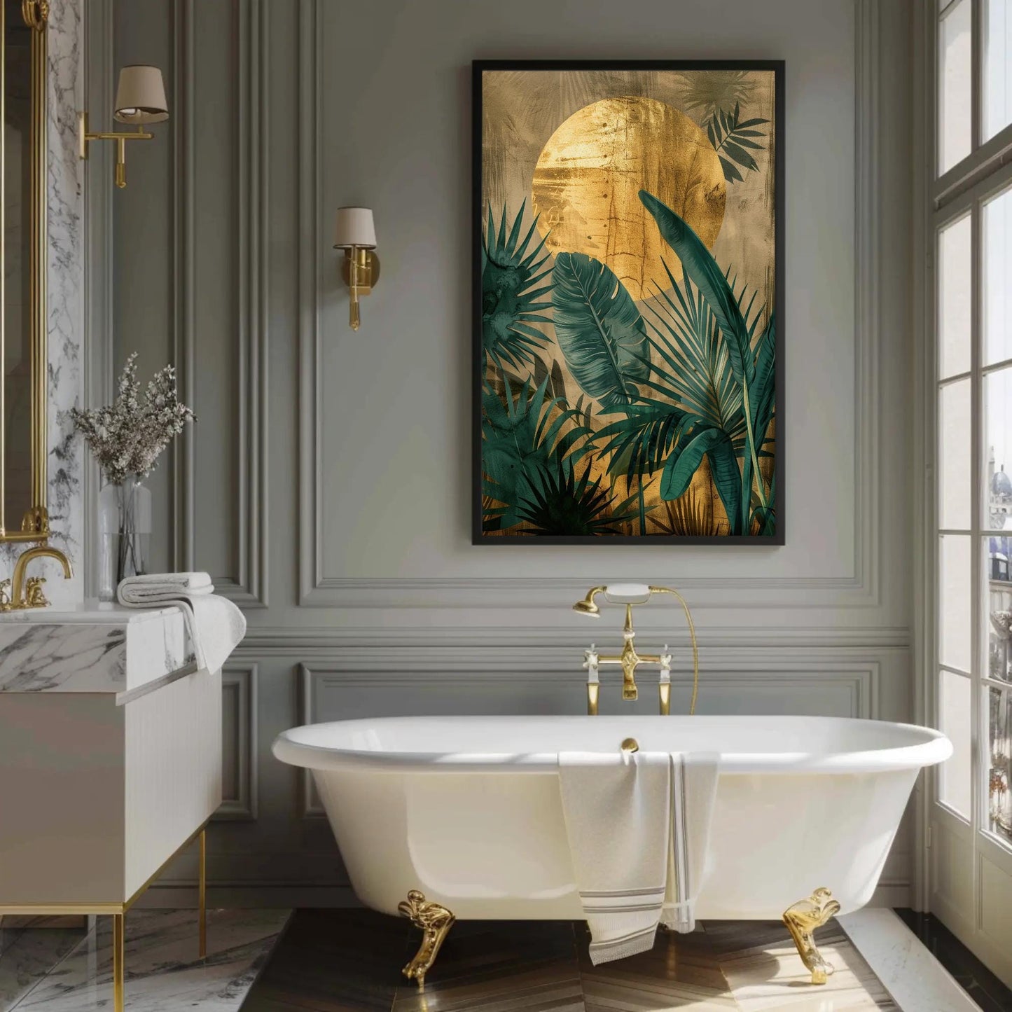 Tropical Plant , Golden Sun Jungle Botanical canvas wall art shown in a styled room (view 8)
