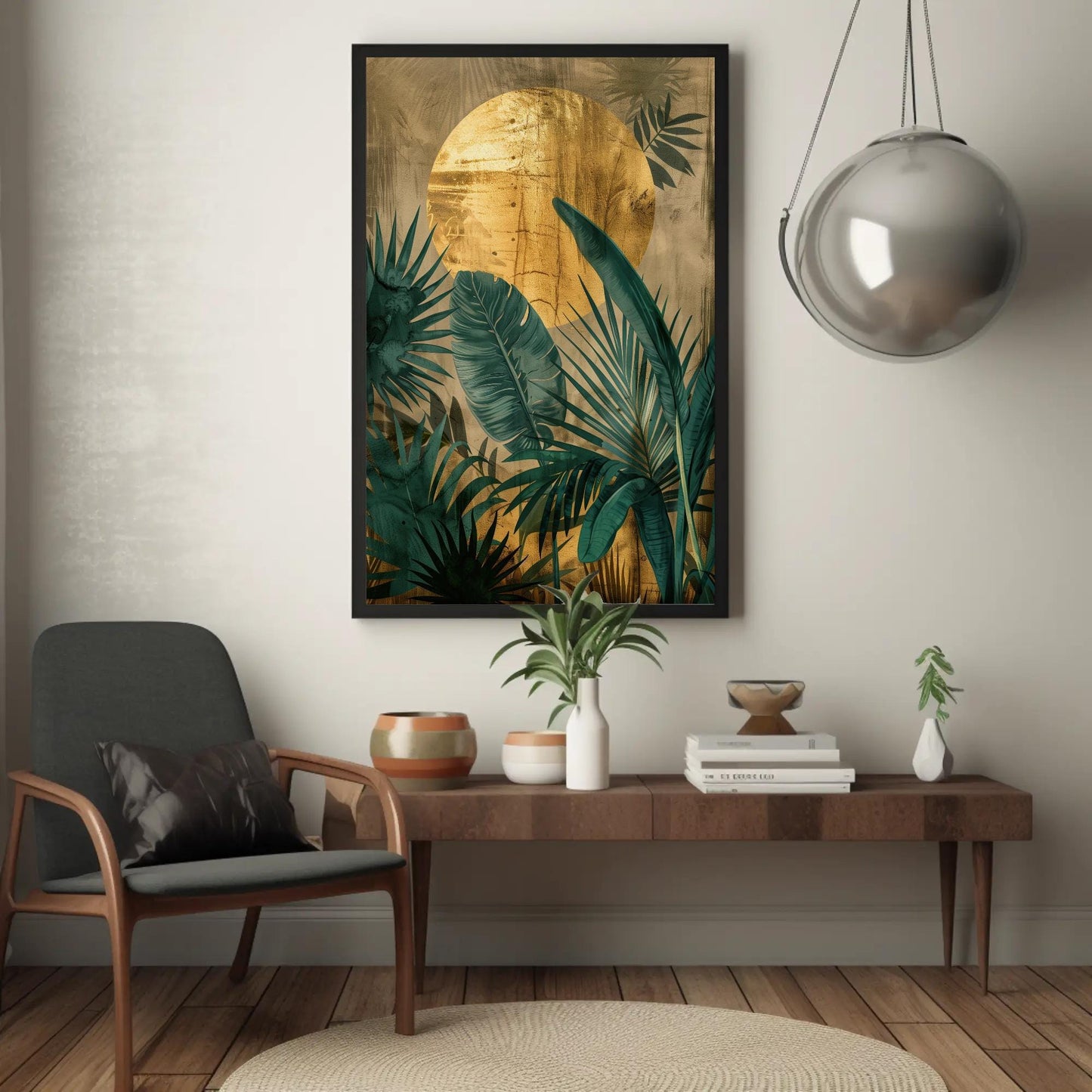 Tropical Plant , Golden Sun Jungle Botanical canvas wall art shown in a styled room (view 3)